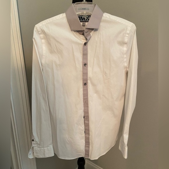 Express medium men’s fitted button up white shirt with grey details - Picture 1 of 6